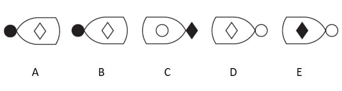 CCAT test sample question in abstract reasoning: Finding the odd-one-out.