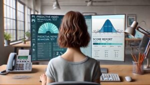 A female candidate looking at her predictive index test results on two desktop screens.