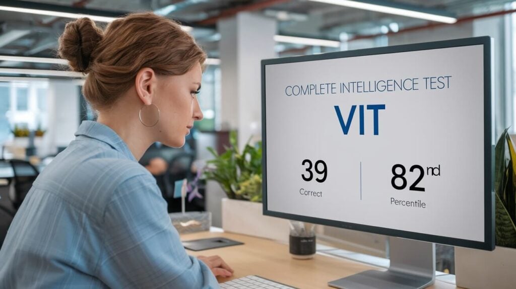 A job candidate looking at her Complete Intelligence Test (VIT) score report.